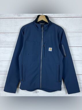 Carhartt Rough Cut Soft Shell Work Jacket Coat Stretch Navy Blue Zip Small Mens